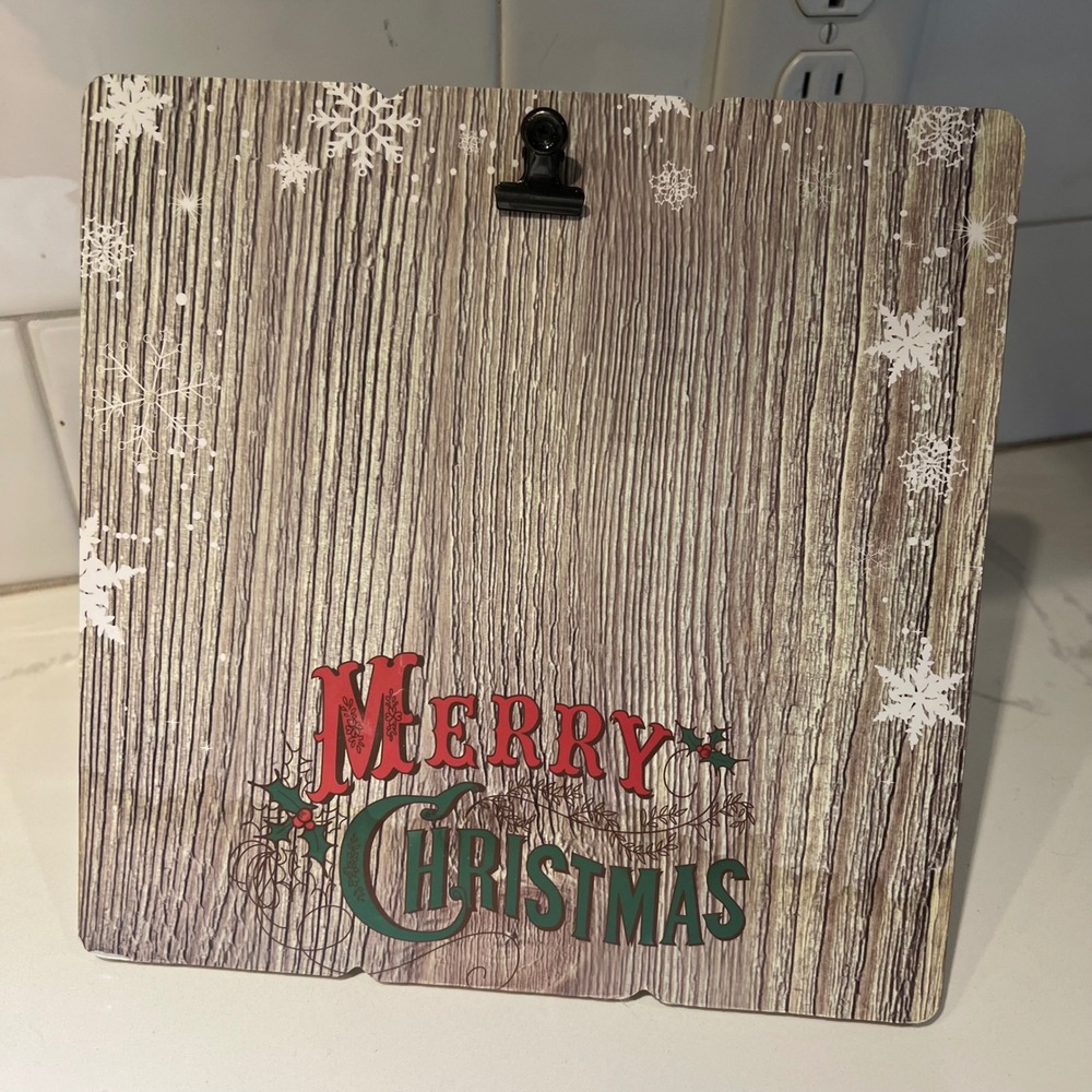 Merry‎ Christmas Wood Clip Board Photo Stand Snowflakes Holiday Decor